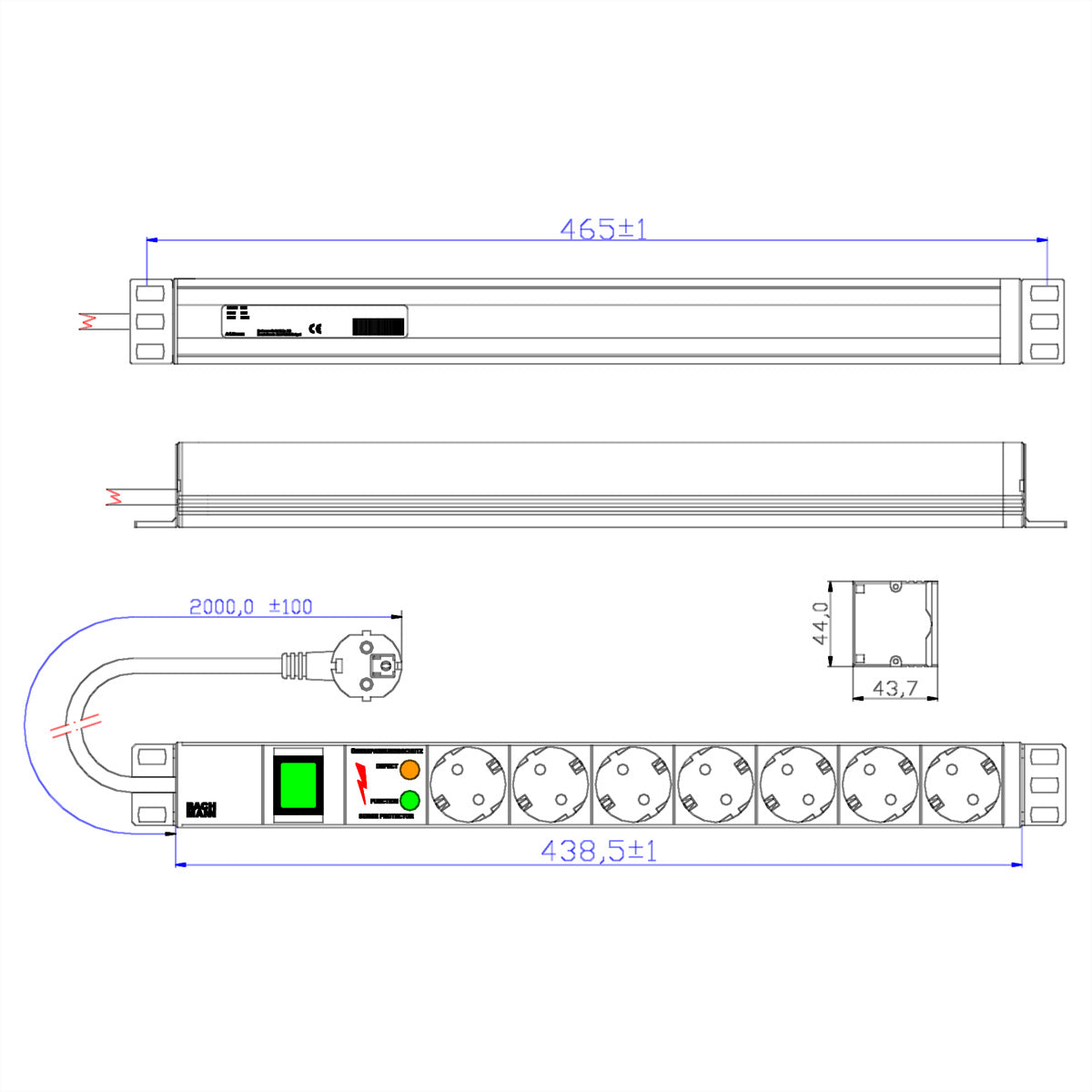 Bachmann 19" Steckdosenleiste, 7× Schuko (Typ F), mit Schalter, 2 m, mit Überspannungsschutz
