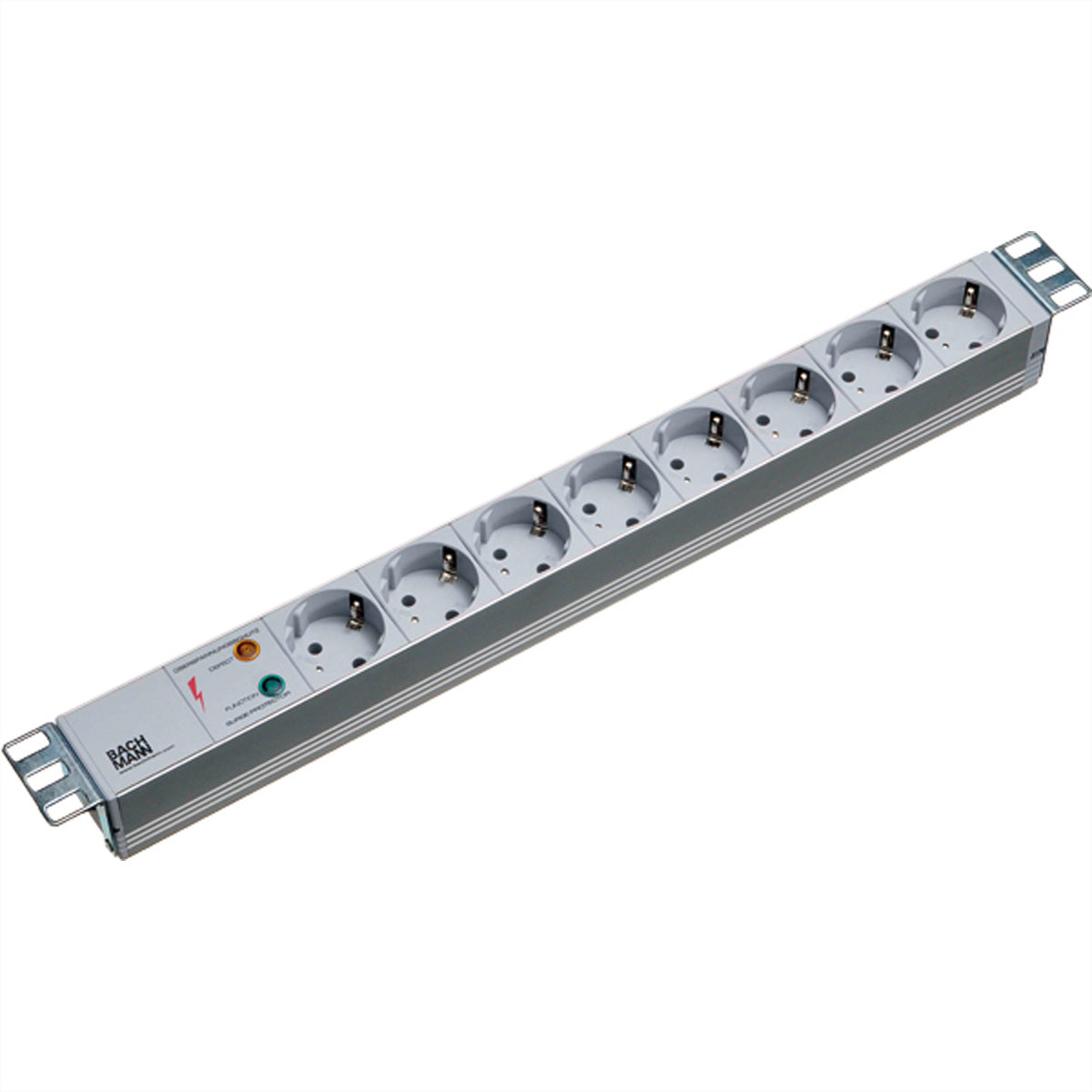 Bachmann Rack-PDU 19" 1U, einphasig 3,6 kW, 8×T13, Eingang Schutzkontaktwinkelstecker, 2 m – grau