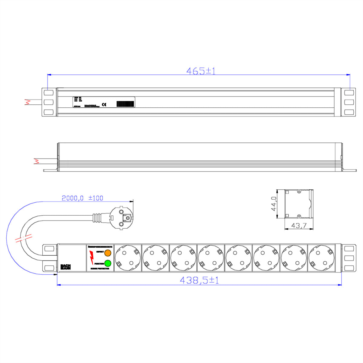 Bachmann Rack-PDU 19" 1U, einphasig 3,6 kW, 8×T13, Eingang Schutzkontaktwinkelstecker, 2 m – grau