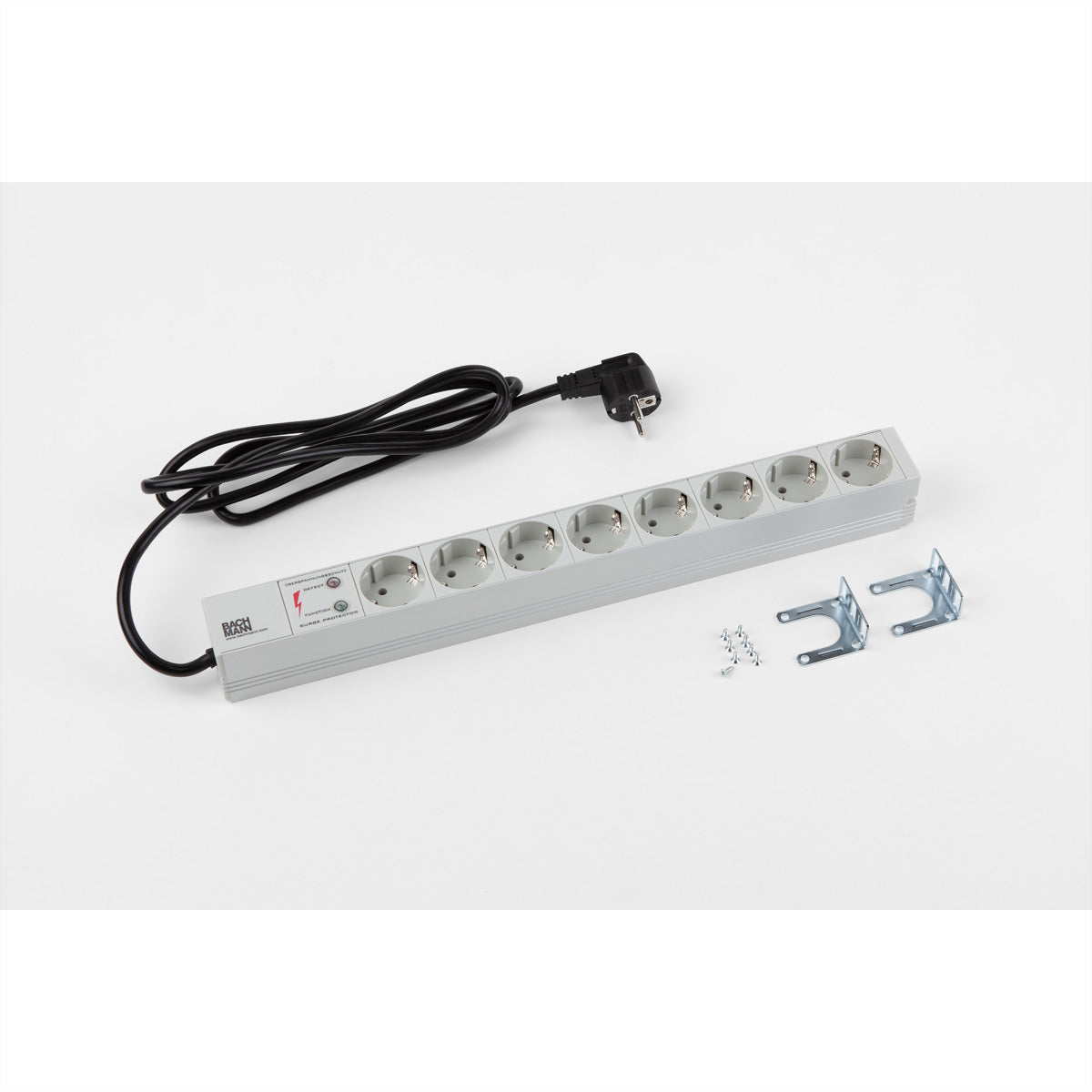 Bachmann Rack-PDU 19" 1U, einphasig 3,6 kW, 8×T13, Eingang Schutzkontaktwinkelstecker, 2 m – grau