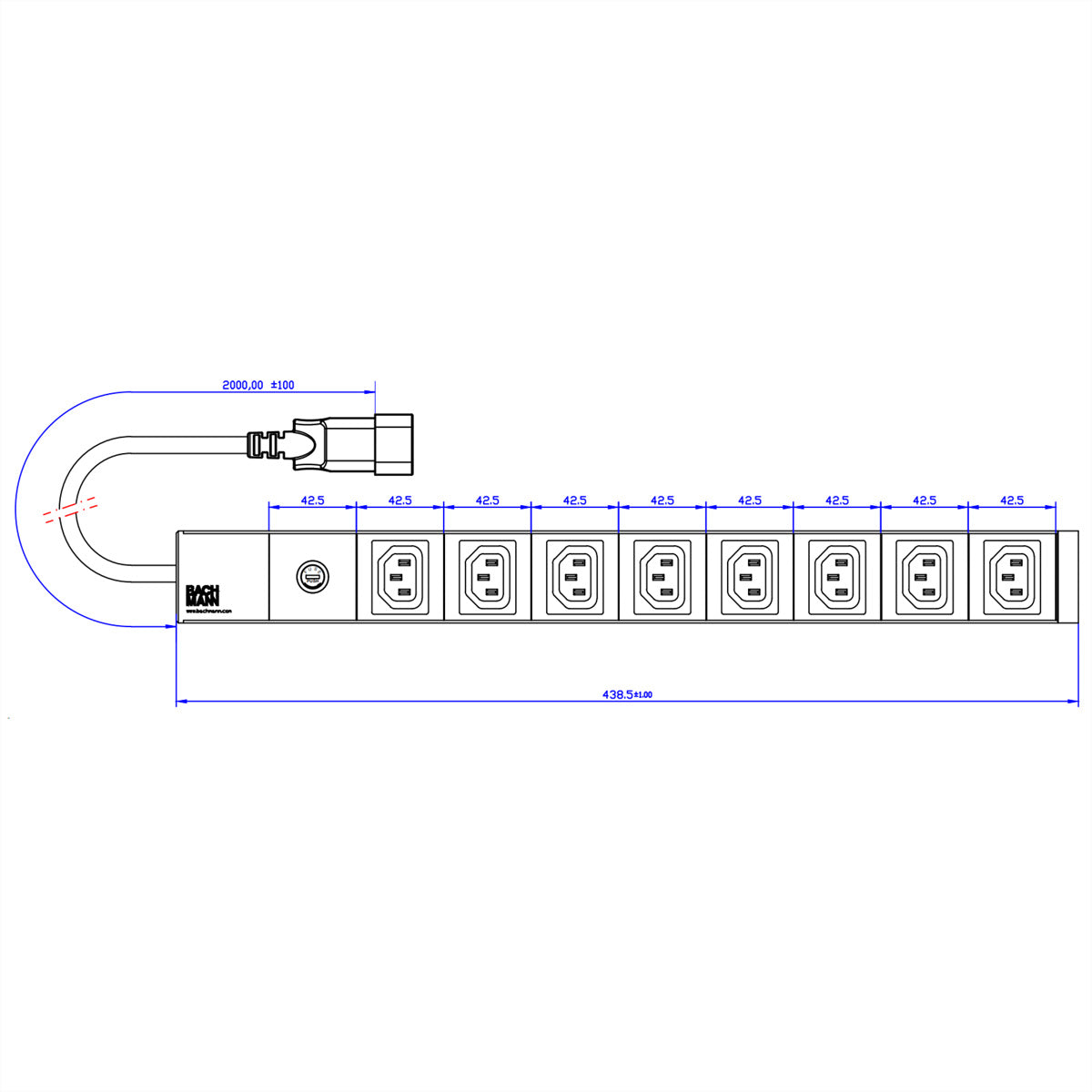 Bachmann Rack-PDU – 1U, 8× IEC C13, IEC C14, 250 V/10 A, 2 m