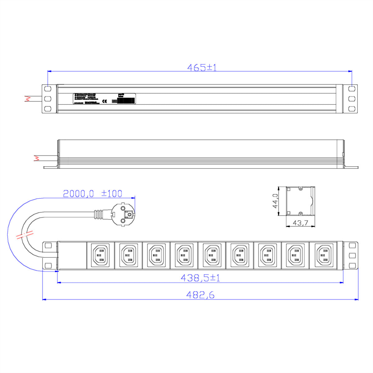 Bachmann Rack-PDU Basic 19" 1U, einphasig 3,6 kW, 9×C13, Eingang Schuko, 2 m – silber