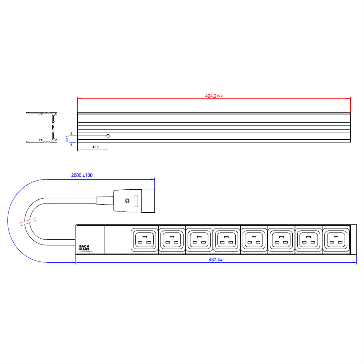 Bachmann 19" Kaltgerätesteckdosenleiste 3600 W – 1U Rackmount, IEC C20 Eingang – C19×8, 2 m Kabel – Aluminium