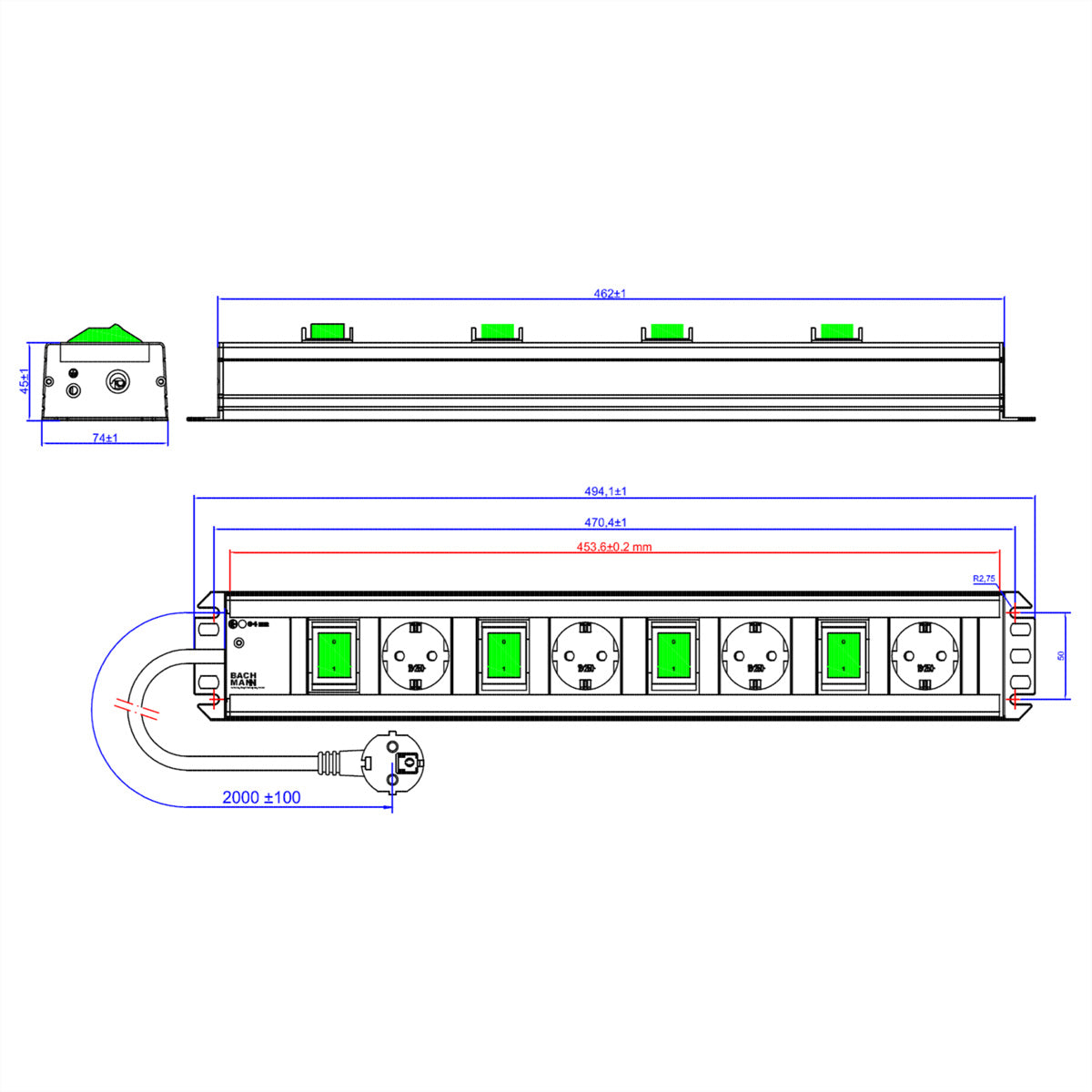 Bachmann Handwerkerleiste – Steckdosenleiste mit 4× Schuko (Typ F) Steckdosen, mit Schalter, 2 m, IP20