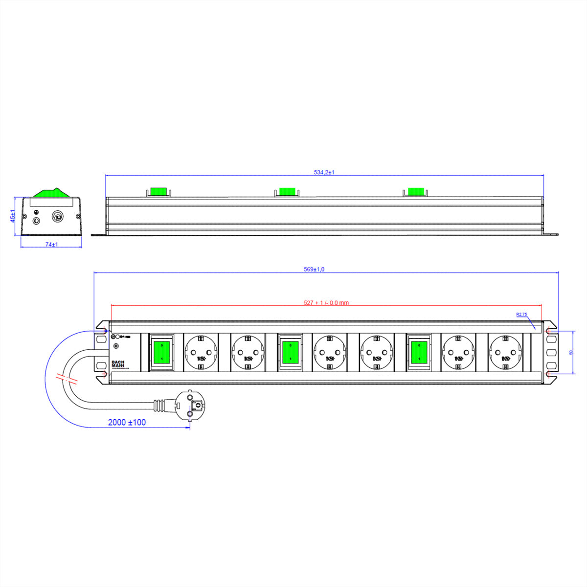 Bachmann Steckdosenleiste – 6×T13, 2 m, 3×Schalter, IP20