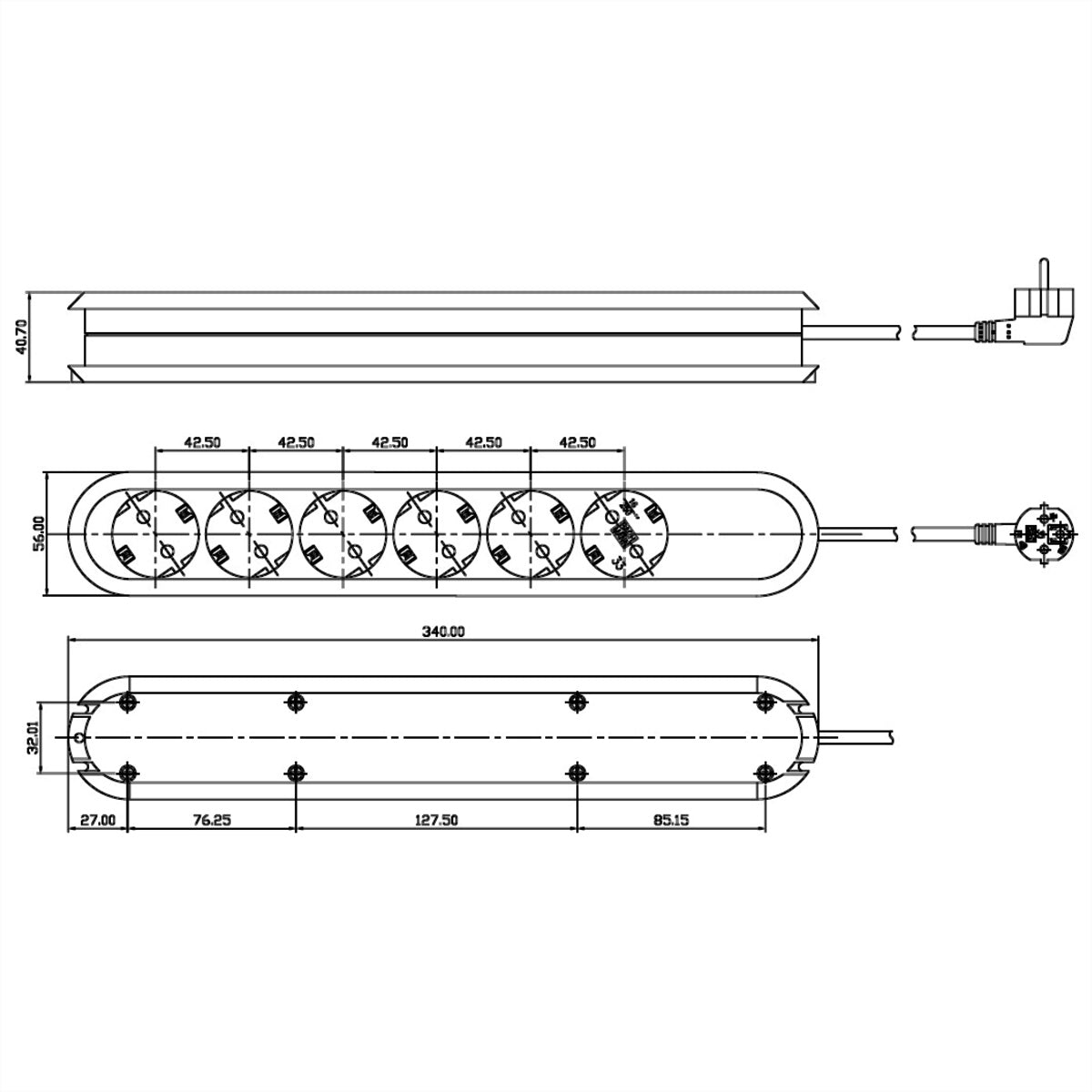 Bachmann Steckdosenleiste, 6×T13, ohne Schalter, 5 m, Eingang Schutzkontakt-Winkelstecker – weiss