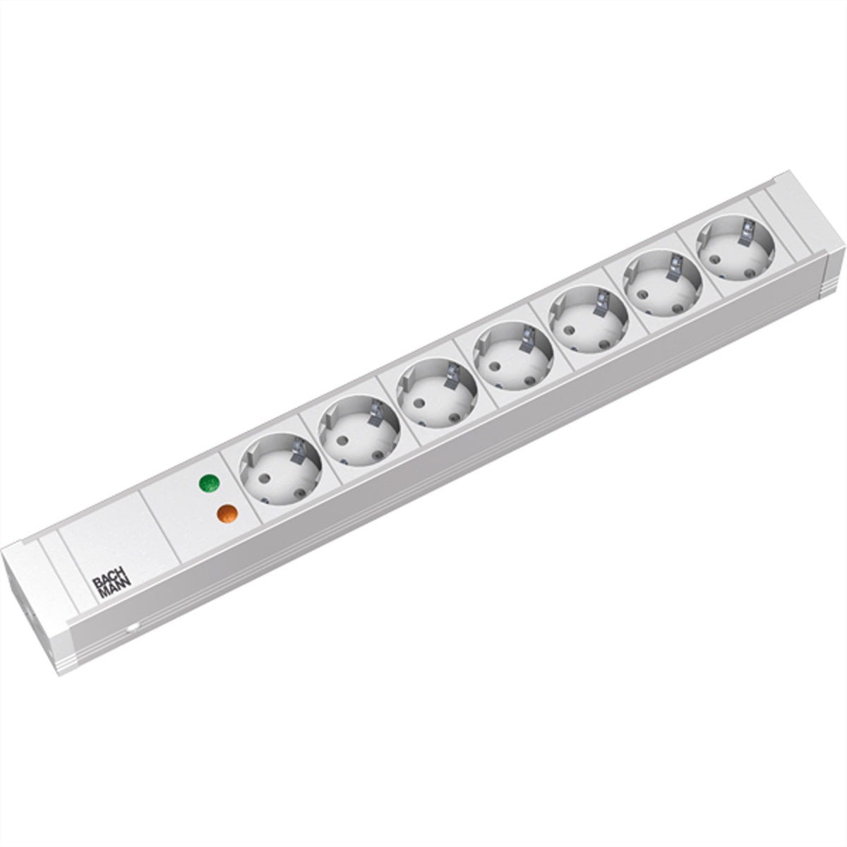 Bachmann Steckdosenleiste 7×T13, 2 m, Eingang Schutzkontaktwinkelstecker, 19" 1,5HE – weiss