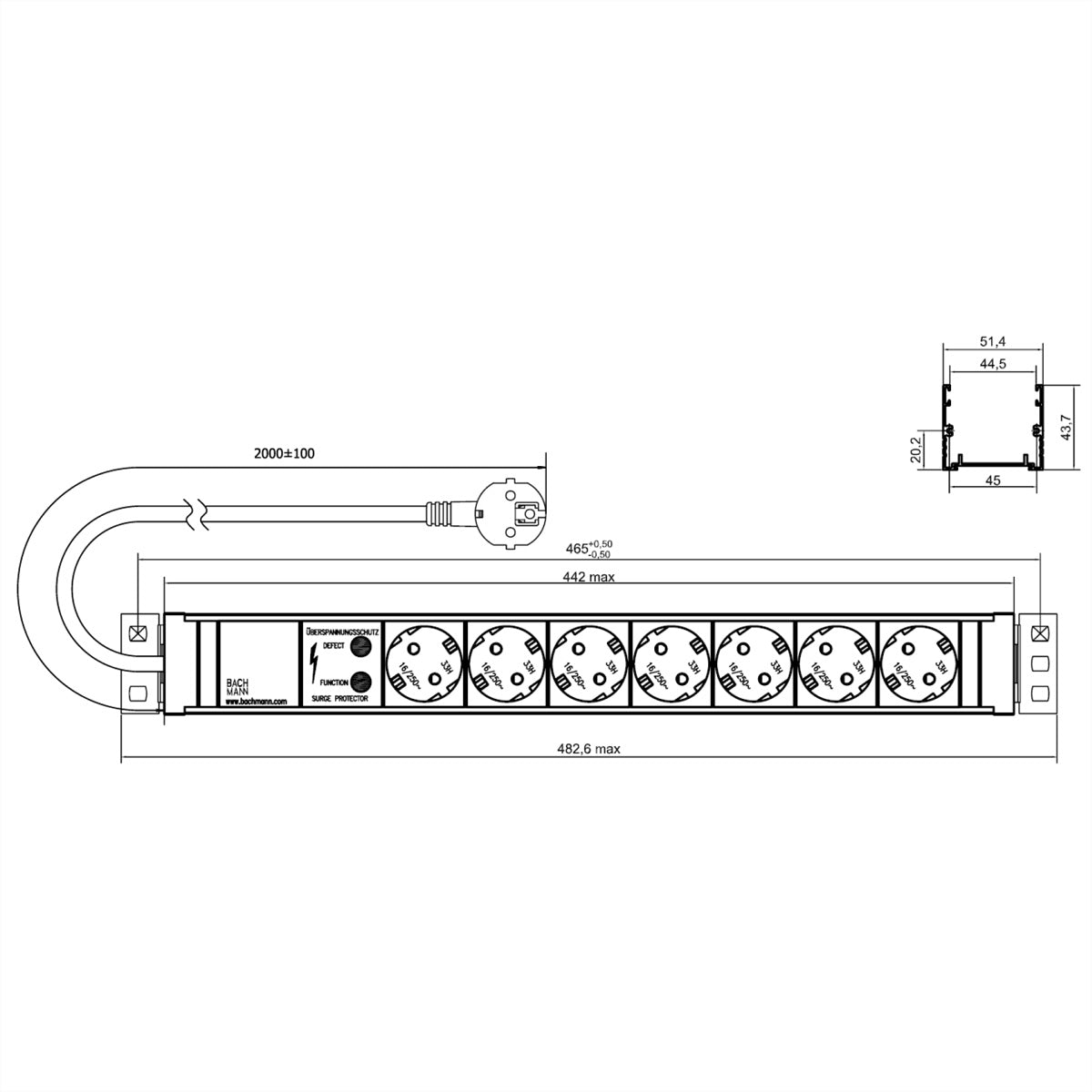 Bachmann Steckdosenleiste 7×T13, 2 m, Eingang Schutzkontaktwinkelstecker, 19" 1,5HE – weiss