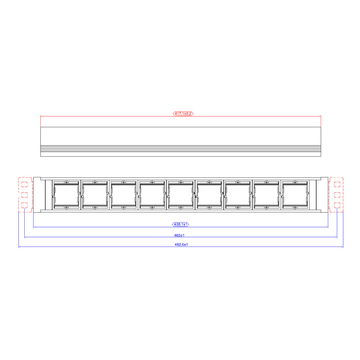 Bachmann Steckdosenleiste Universal, 9× Modulplätze, 1,5U, 406 mm, Schwarz/Aluminium