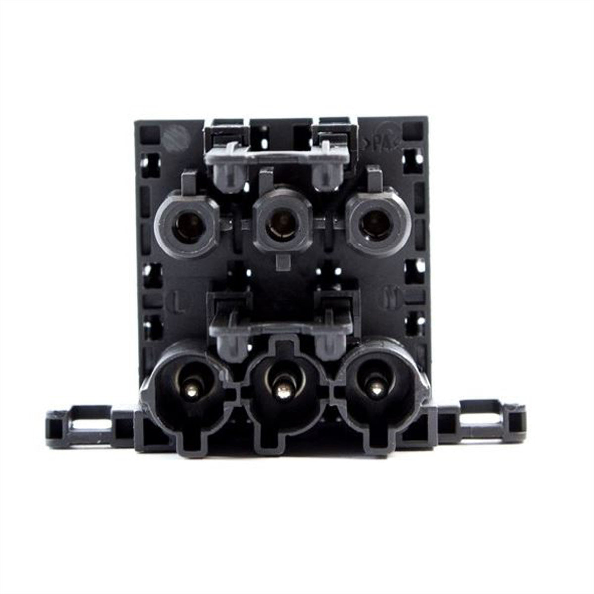 Bachmann Verteilerblock, 1×GST18 (Eingang) + 3×GST18 (Ausgänge), Verriegelungslaschen, 60×40×45 mm – schwarz