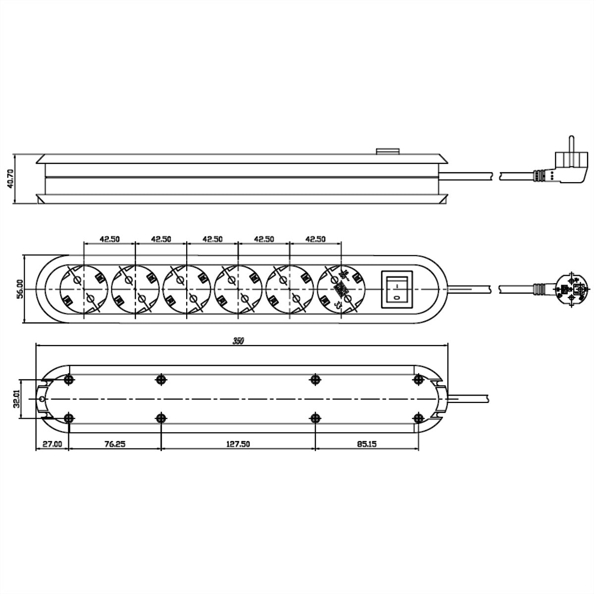 Bachmann Steckdosenleiste, 6×T13, mit Schalter (2-polig, beleuchtet), 3 m – schwarz