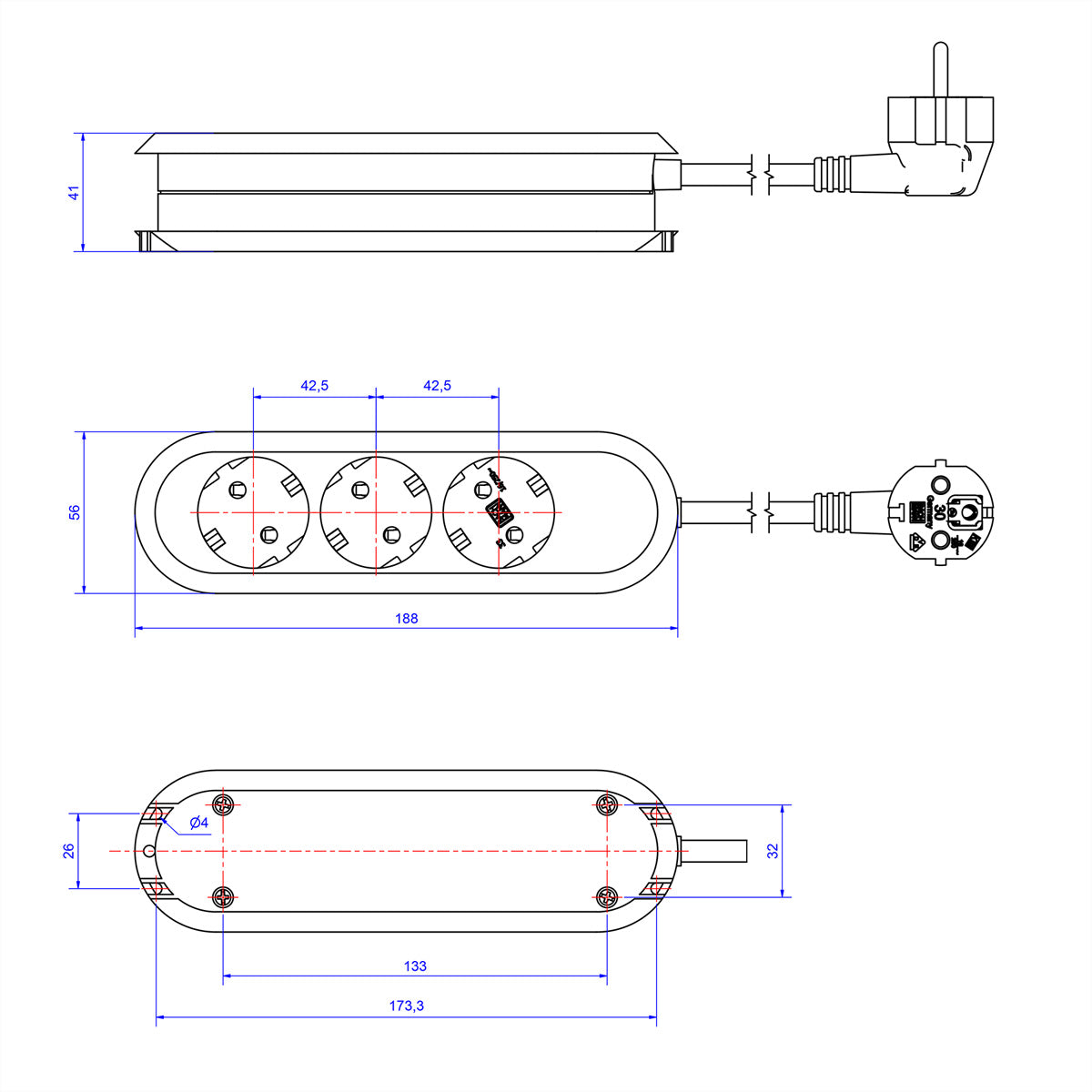 Bachmann Steckdosenleiste, 3×T13, 1,5 m, Eingang Schutzkontakt (CEE 7/7) – weiss