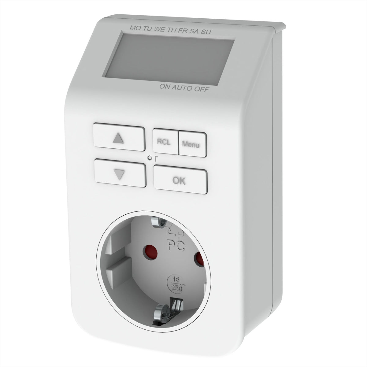 Bachmann Digitale Zeitschaltuhr – LCD, Wochen-Timer, 230 V, 3,6 kW, Schutzkontakt IN/OUT – Weiss