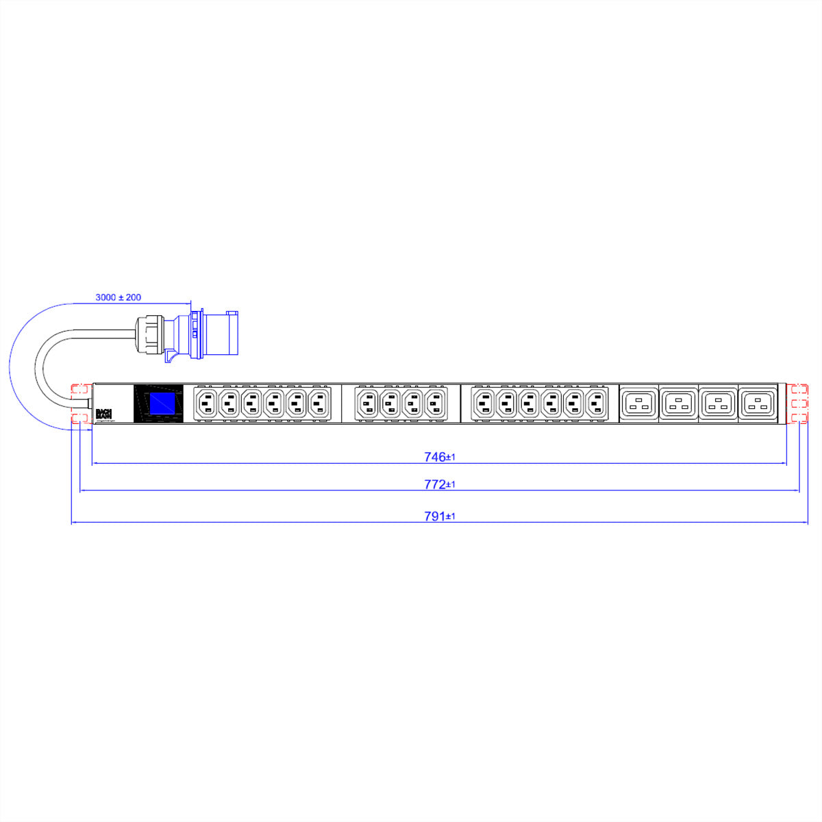 Bachmann Rack-PDU – 1U, Messgerät, 16× IEC C13, 4× IEC C19, CEE 16A (blau), 230 V/16 A, 2 m, schwarz