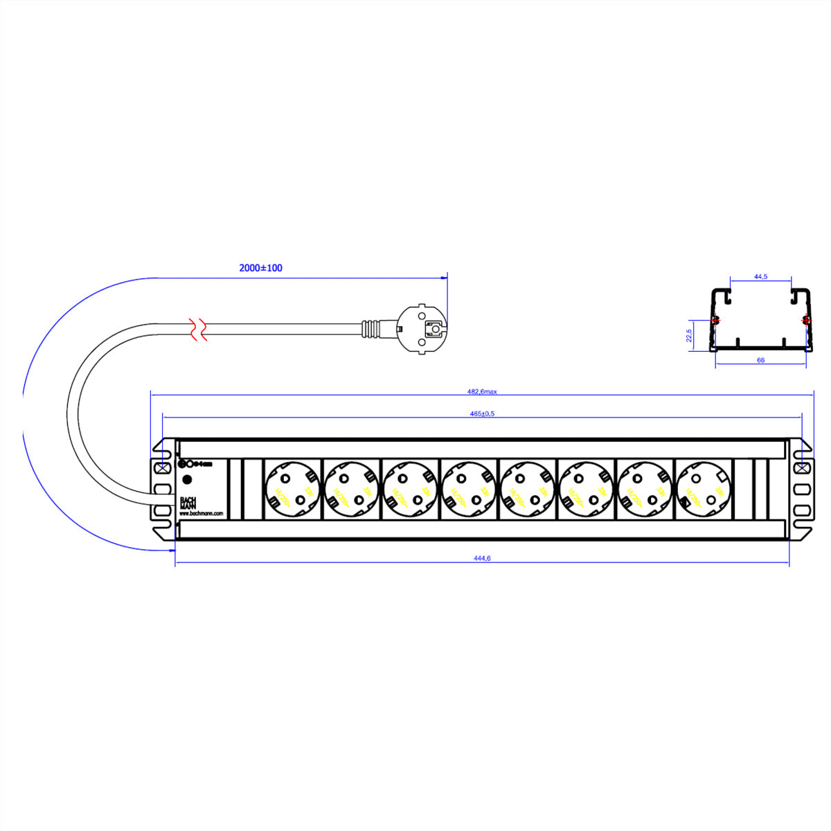 Bachmann Handwerkerleiste – Steckdosenleiste, 8× Schuko (Typ F), mit Schalter, 2 m