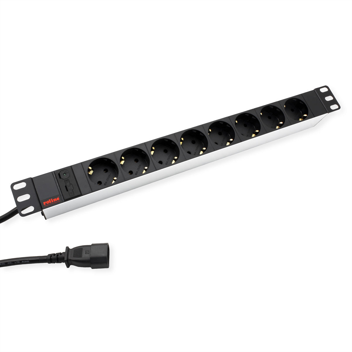 ROLINE Steckdosenleiste – 8× Schuko (Typ F), IEC C14, 2 m, ohne Schalter, 250 V/10 A, 2300 W, Aluminium
