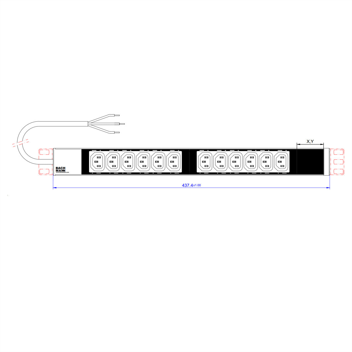 Bachmann 19" 1HE Steckdosenleiste C13×12 – 2 m Kabel (CEE 7/7) – Schwarz