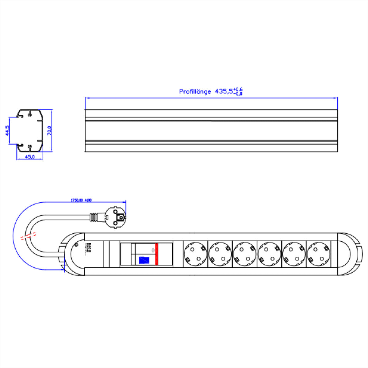 Bachmann PRIMO Steckdosenleiste, 6×T13, ohne Schalter, 1,75 m, FI-Schutz 30 mA (Typ A) – Aluminium