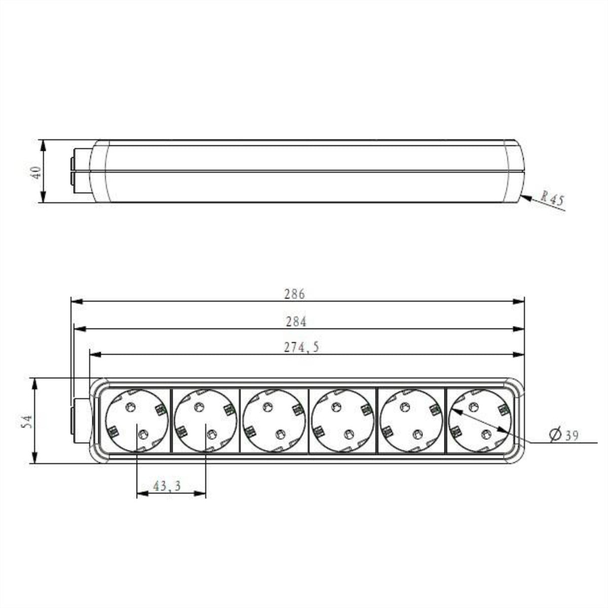 Bachmann SELLY Steckdosenleiste, 6×T13, 1,5 m, Schutzkontakt-Winkelstecker, Ausgänge 45° gedreht – Weiss