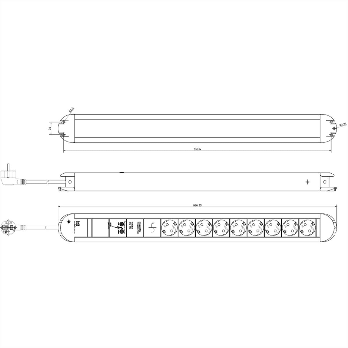 Bachmann PRIMO Steckdosenleiste – 9× Schuko (Typ E/F), 1,75 m, mit Schalter, Schwarz/Silber