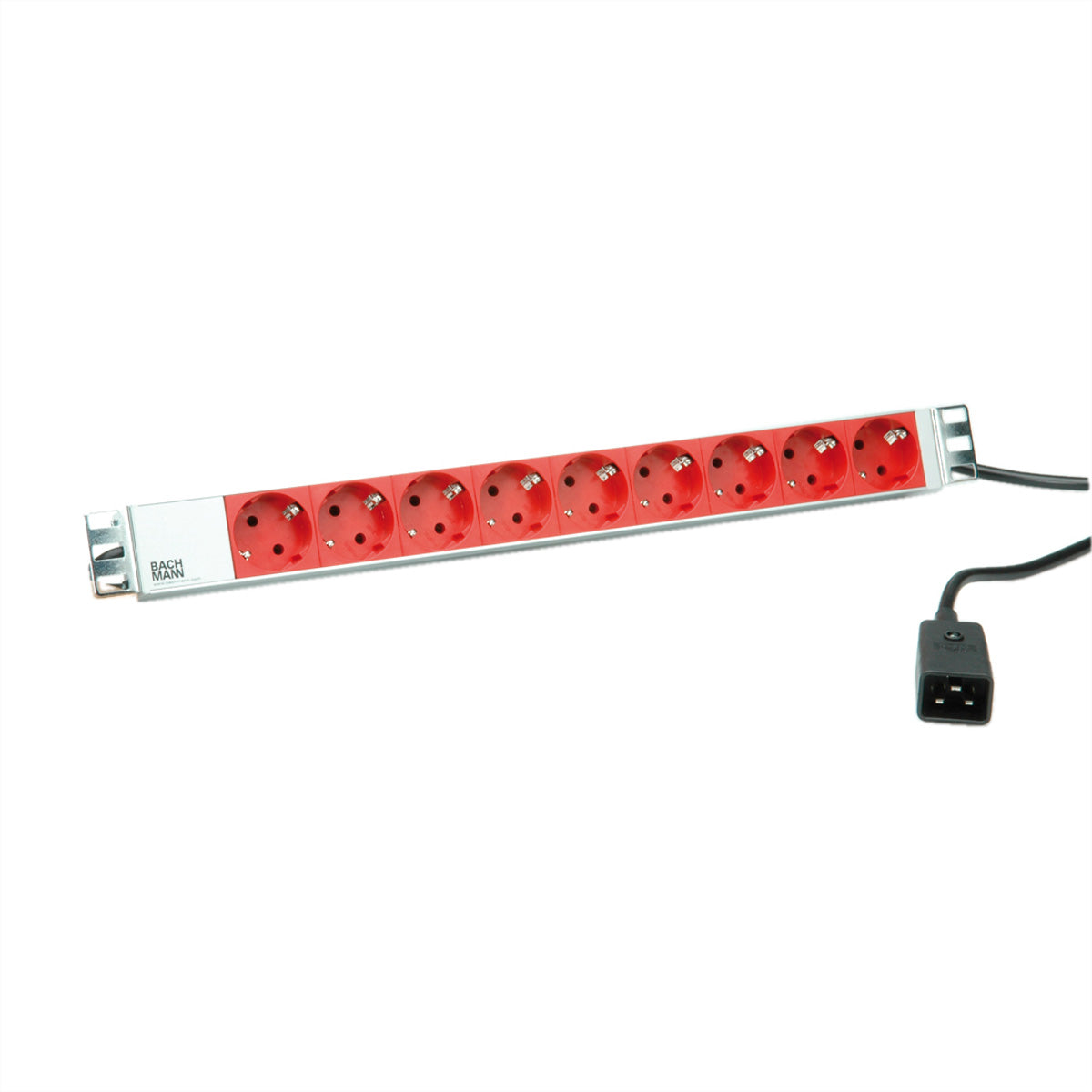 Bachmann 19" Steckdosenleiste 3600 W – Schutzkontakt×9 (45°), IEC C20 Zuleitung 2 m – Rack 1HE – für 19" Rack