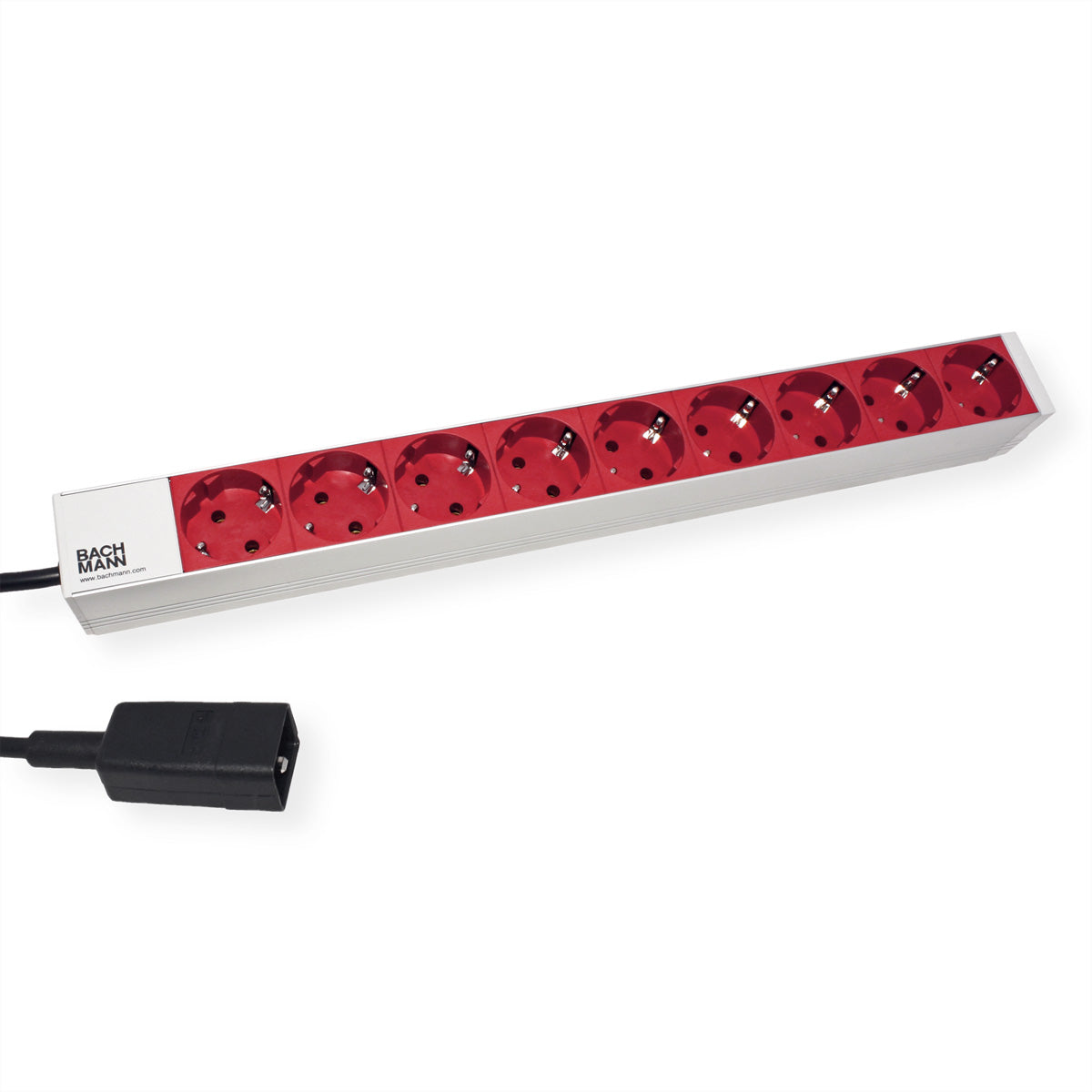 Bachmann 19" Steckdosenleiste 3600 W – Schutzkontakt×9 (45°), IEC C20 Zuleitung 2 m – Rack 1HE – für 19" Rack
