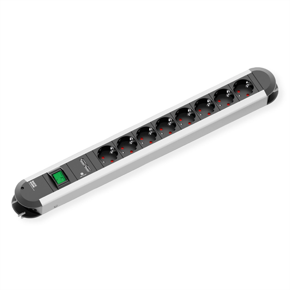 Bachmann PRIMO Steckdosenleiste – 8× Schuko (Typ E/F), 2× USB, 1,75 m, mit Schalter, Schwarz/Silber
