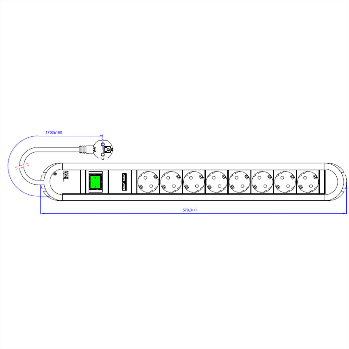 Bachmann PRIMO Steckdosenleiste – 8× Schuko (Typ E/F), 2× USB, 1,75 m, mit Schalter, Schwarz/Silber