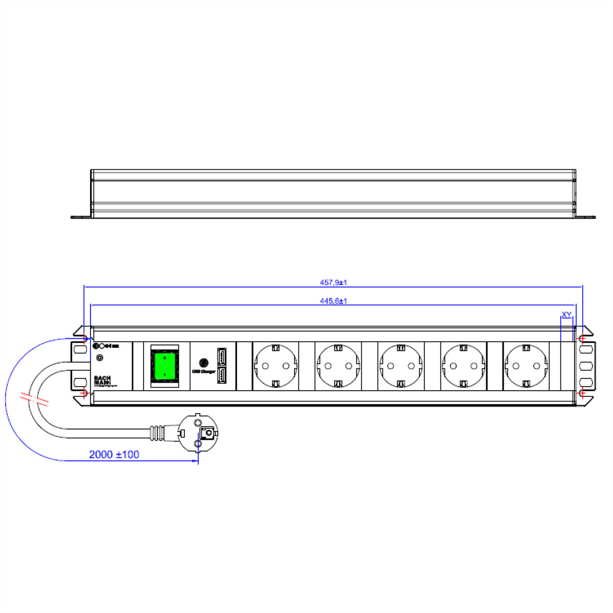 Bachmann Steckdosenleiste – 8×T13, USB‑A 2× 5 V/2,15 A, 2 m, Schalter, IP20