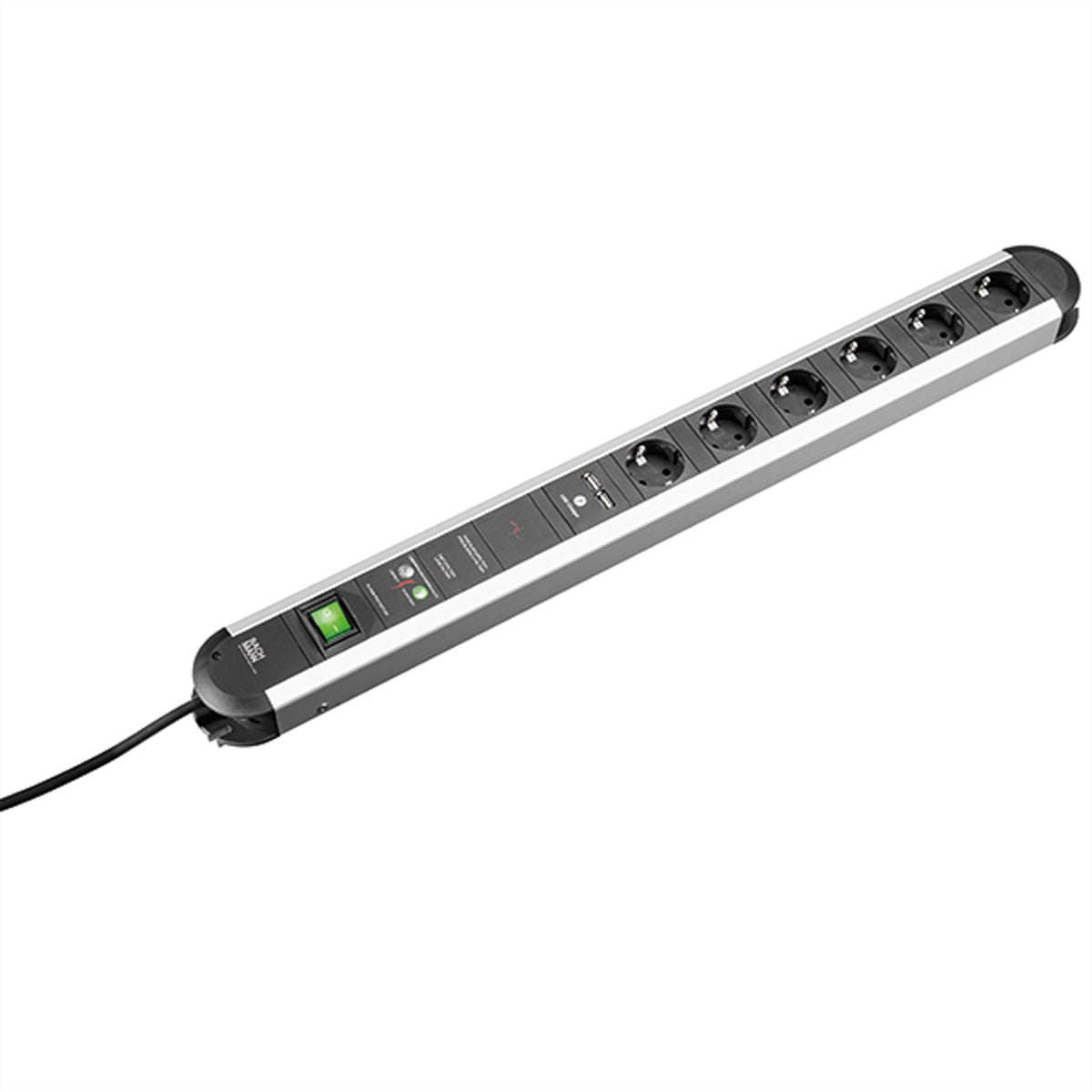 Bachmann PRIMO Steckdosenleiste – 6× Schuko (Typ E/F), USB-Ladegerät, 1,75 m, mit Schalter, Schwarz/Silber