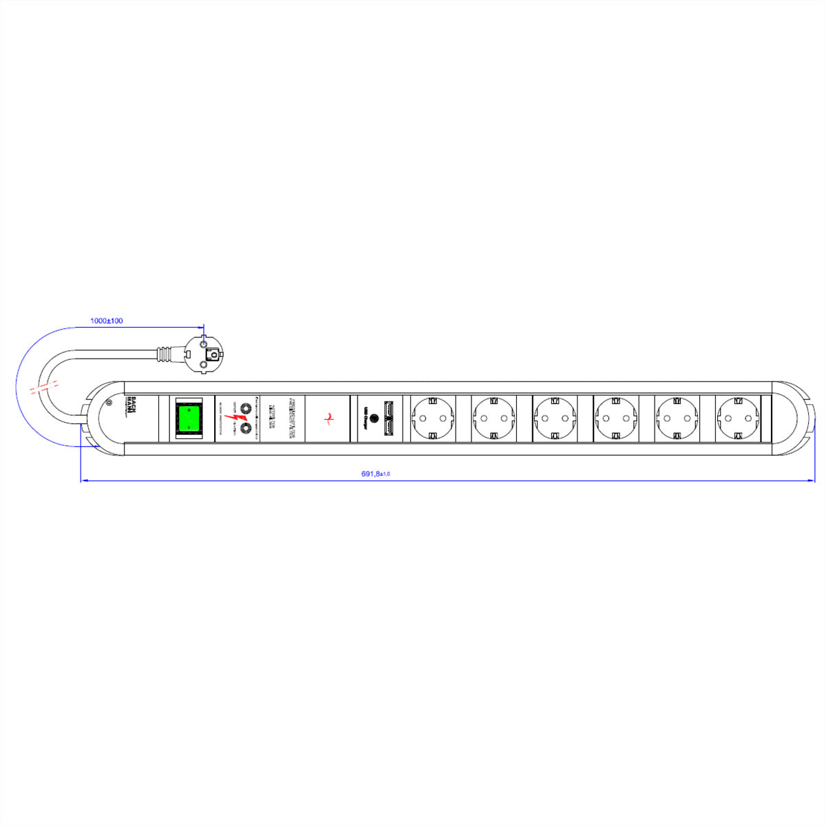 Bachmann PRIMO Steckdosenleiste – 6× Schuko (Typ E/F), USB-Ladegerät, 1,75 m, mit Schalter, Schwarz/Silber