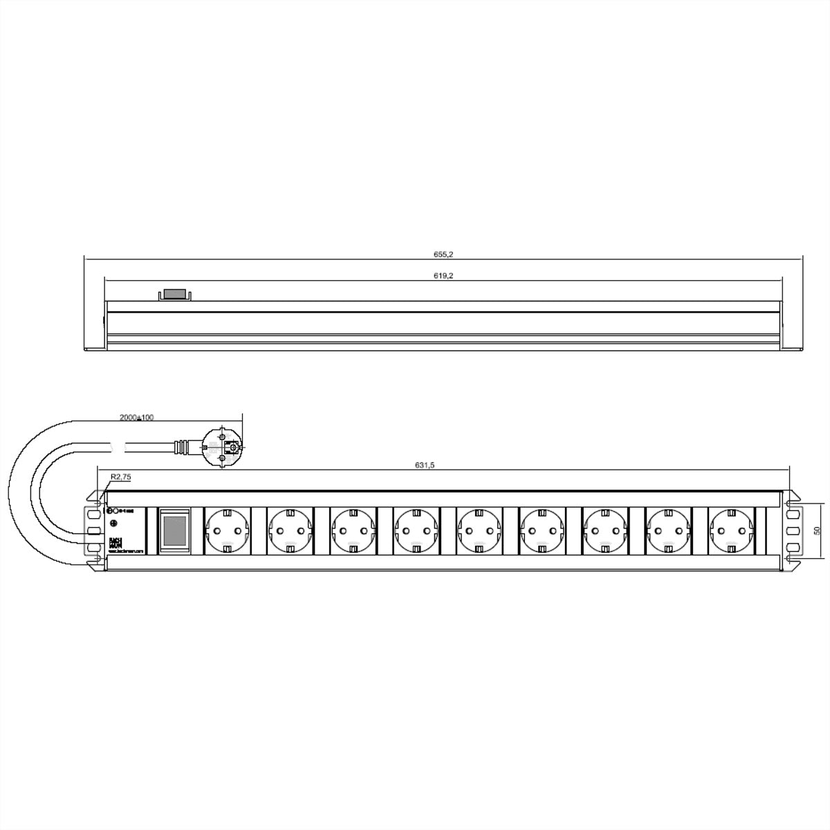 Bachmann Steckdosenleiste, 9×T13, mit Schalter, 2 m, wiederanschliessbar, IP20 – Schwarz