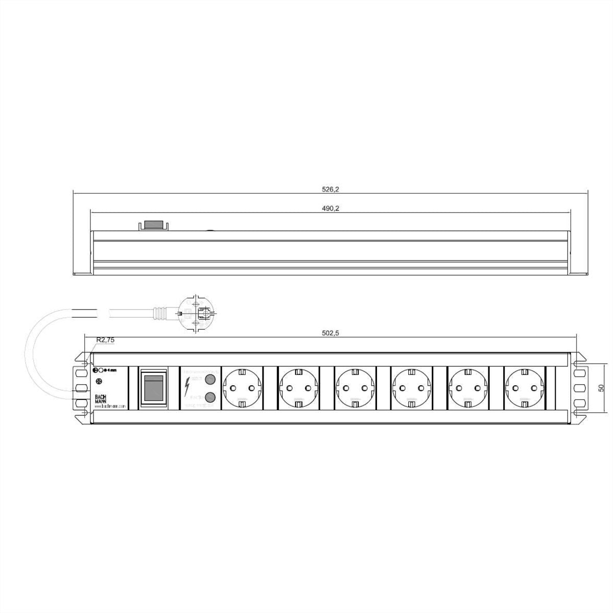 Bachmann Handwerkerleiste – Steckdosenleiste, 6× Schuko (Typ F), mit Schalter, 2 m, Überspannungsschutz, IP20