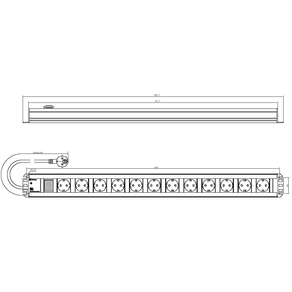 Bachmann Steckdosenleiste – 12×Schuko (Typ E/F), 2 m, Schalter, IP20