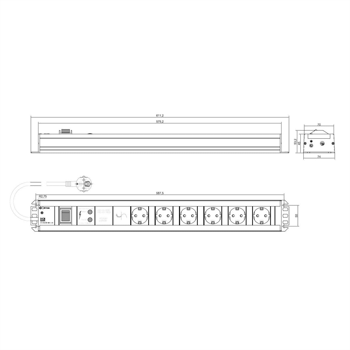 Bachmann Steckdosenleiste – 6×Schuko (Typ E/F), 2 m, Schalter, Überspannungsschutz, IP20