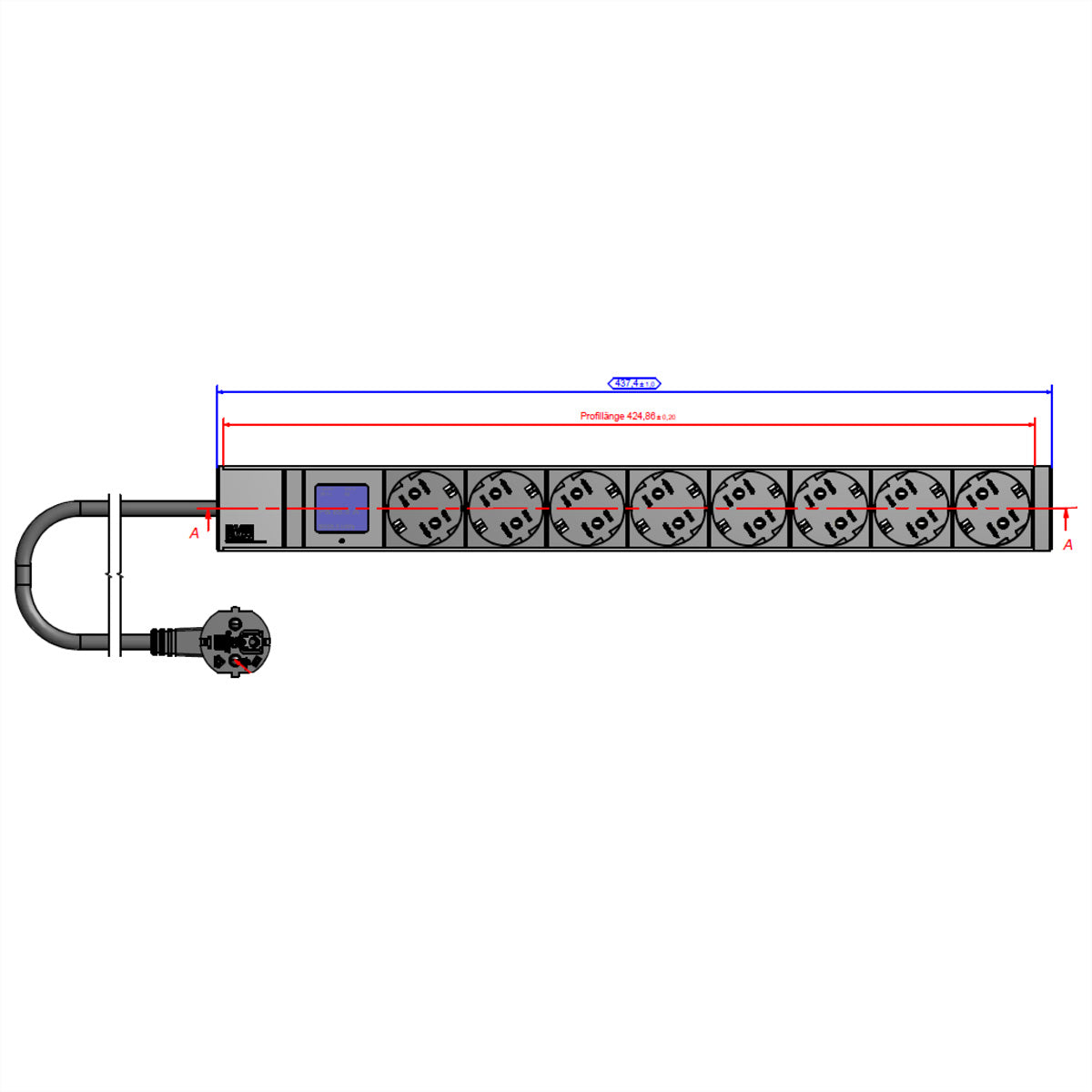 Bachmann Rack-PDU Metered, 19" 1U, einphasig 3,6 kW, 8×T13, Eingang Schutzkontakt, 2 m – schwarz