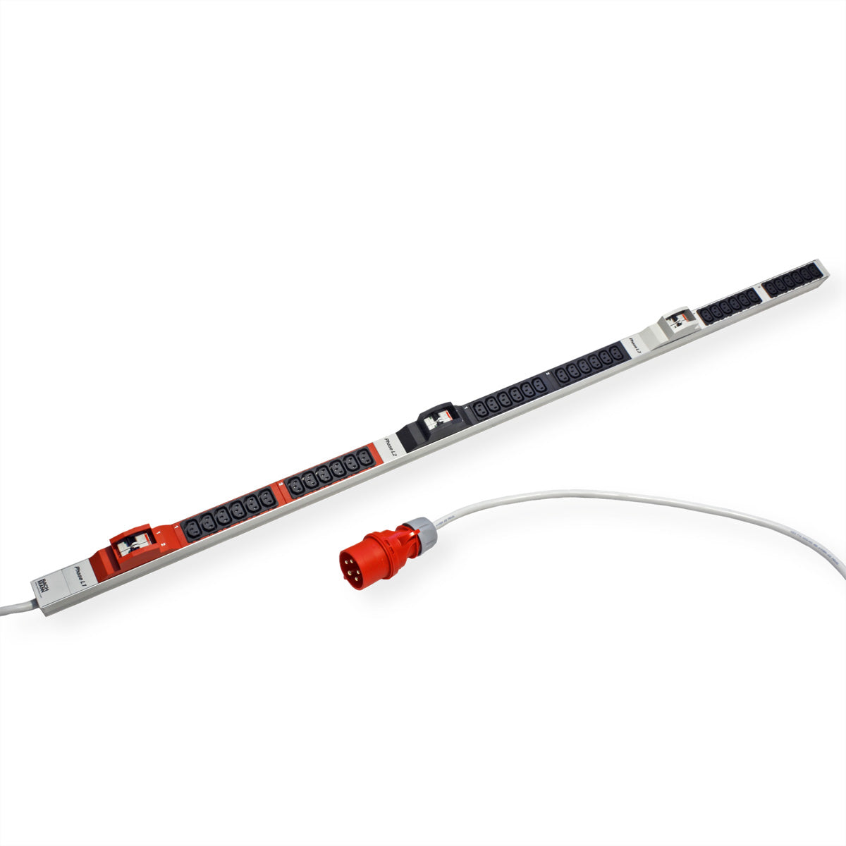 Bachmann Rack-PDU Basic 0U vertikal, 3-phasig 10,8 kW, 36×C13, Eingang CEE32A 3L+N+PE rot, 3 m – Aluminium