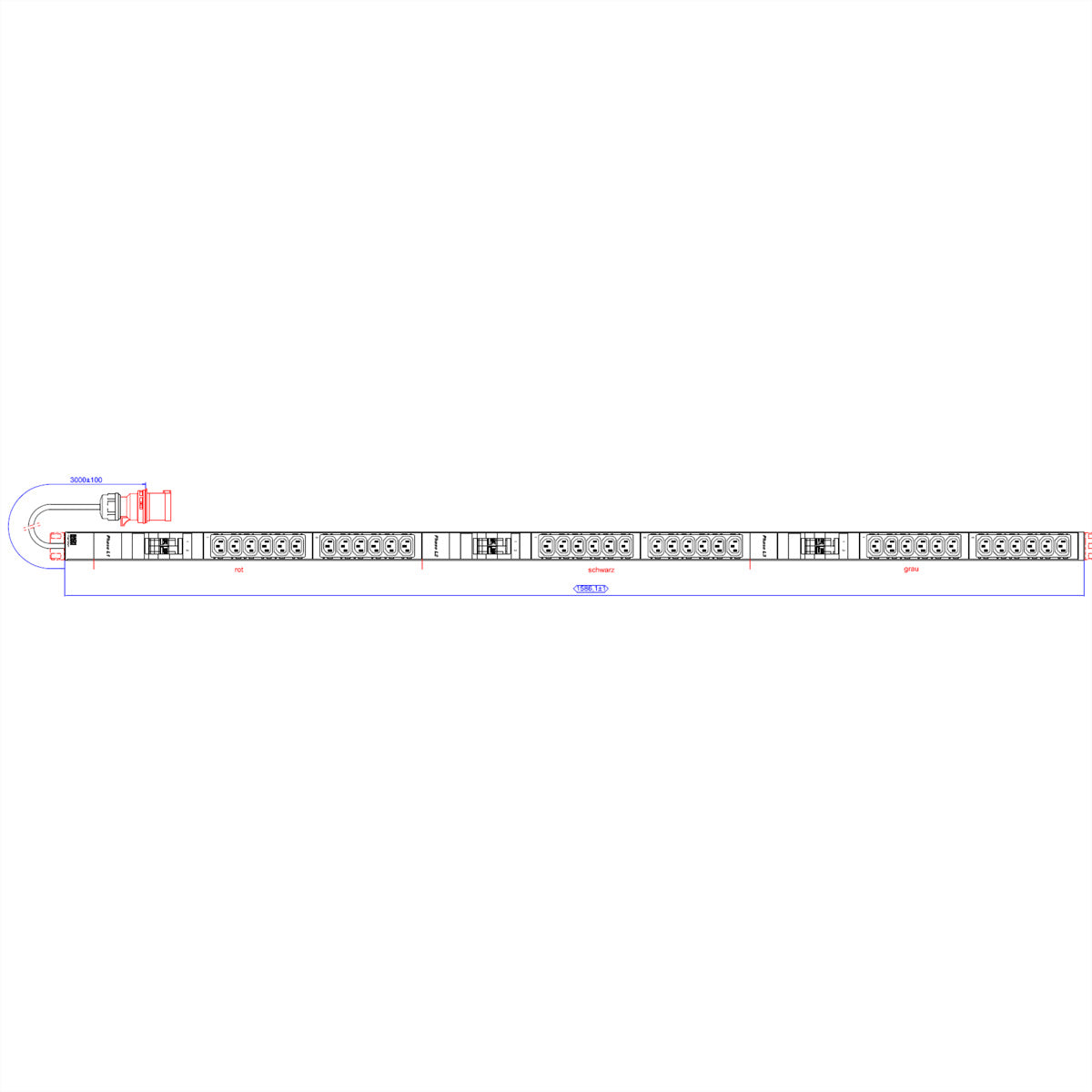 Bachmann Rack-PDU Basic 0U vertikal, 3-phasig 10,8 kW, 36×C13, Eingang CEE32A 3L+N+PE rot, 3 m – Aluminium