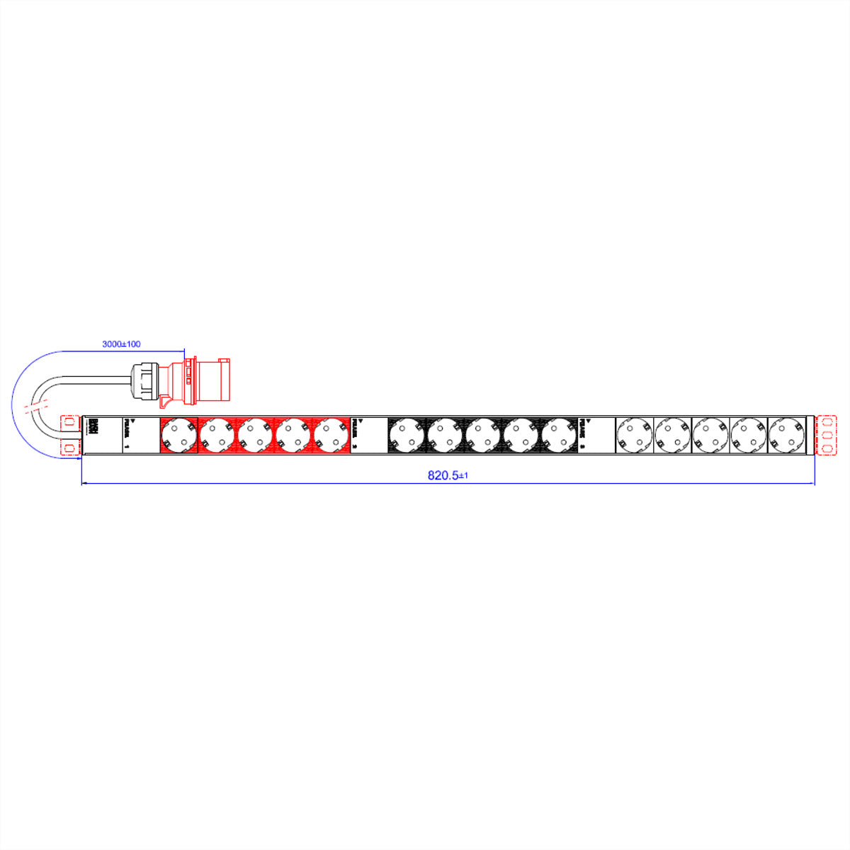 Bachmann Rack-PDU – 1U vertikal, 15× Schutzkontakt, CEE 3×16A rot, 400 V, dreiphasig, 3 m