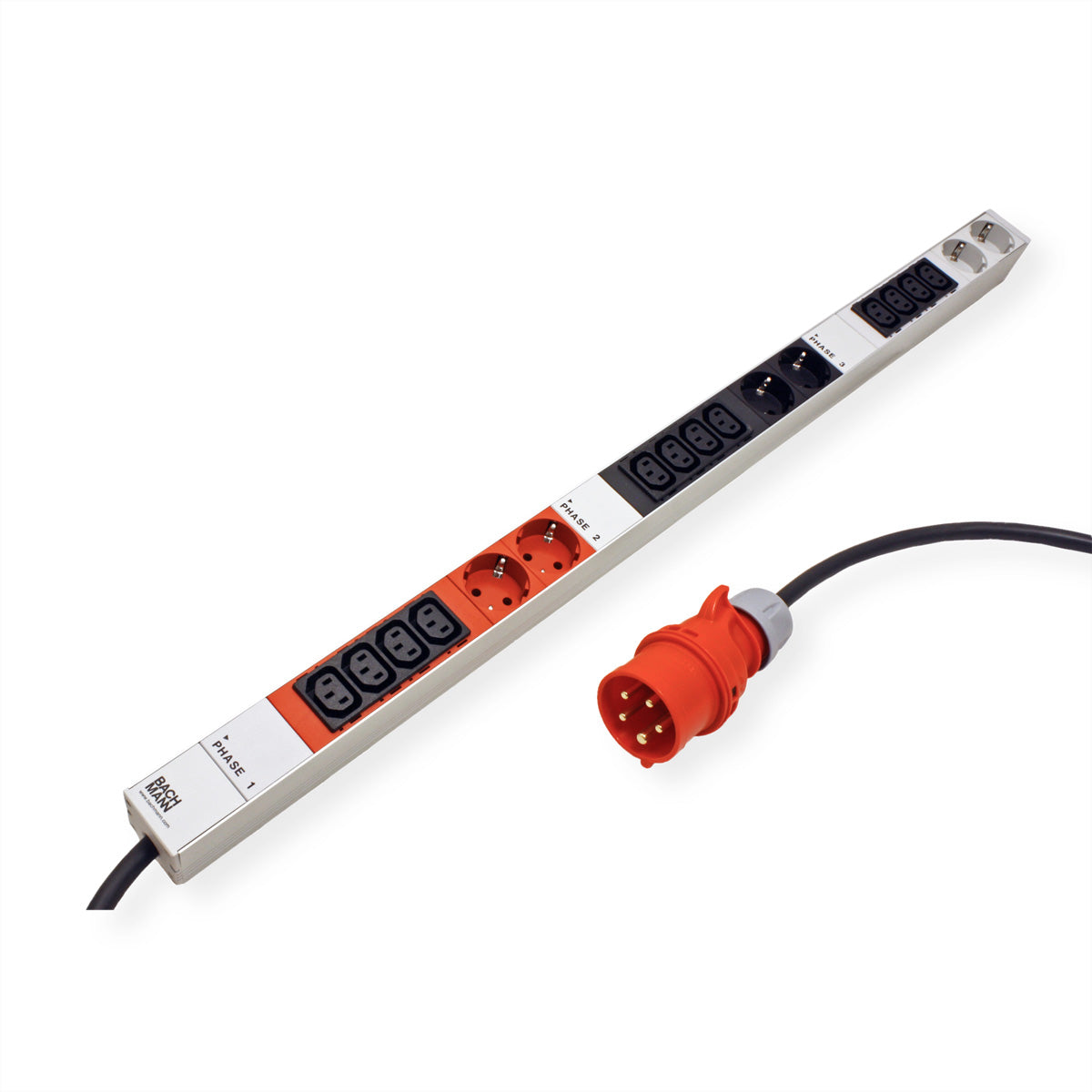 Bachmann Rack-PDU – Standard, 3-phasig, 16 A 400 V, 12×C13 + 6×Schuko (Typ E/F), IEC 60309 (CEE rot) 5-polig, 3 m