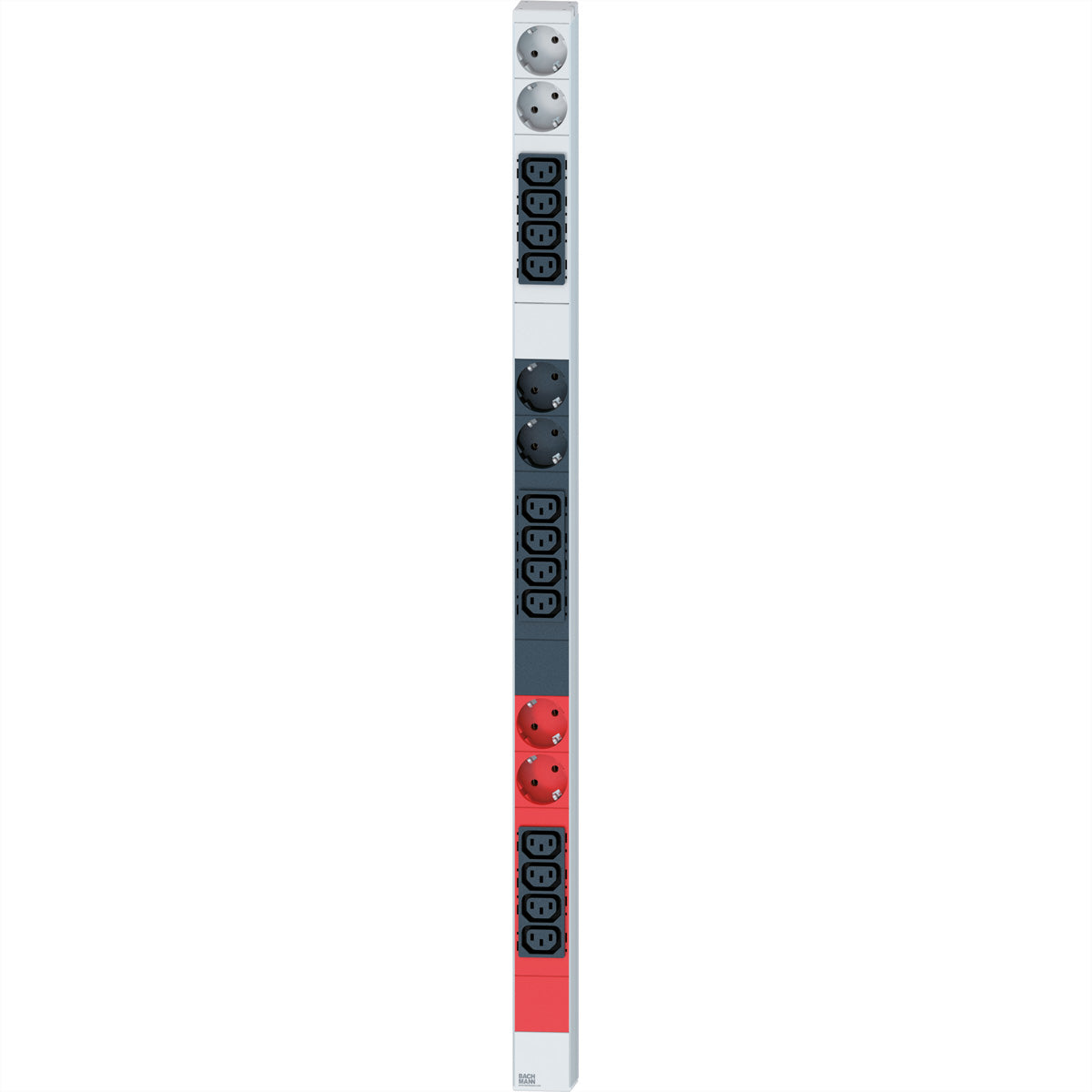 Bachmann Rack-PDU – Standard, 3-phasig, 16 A 400 V, 12×C13 + 6×Schuko (Typ E/F), IEC 60309 (CEE rot) 5-polig, 3 m