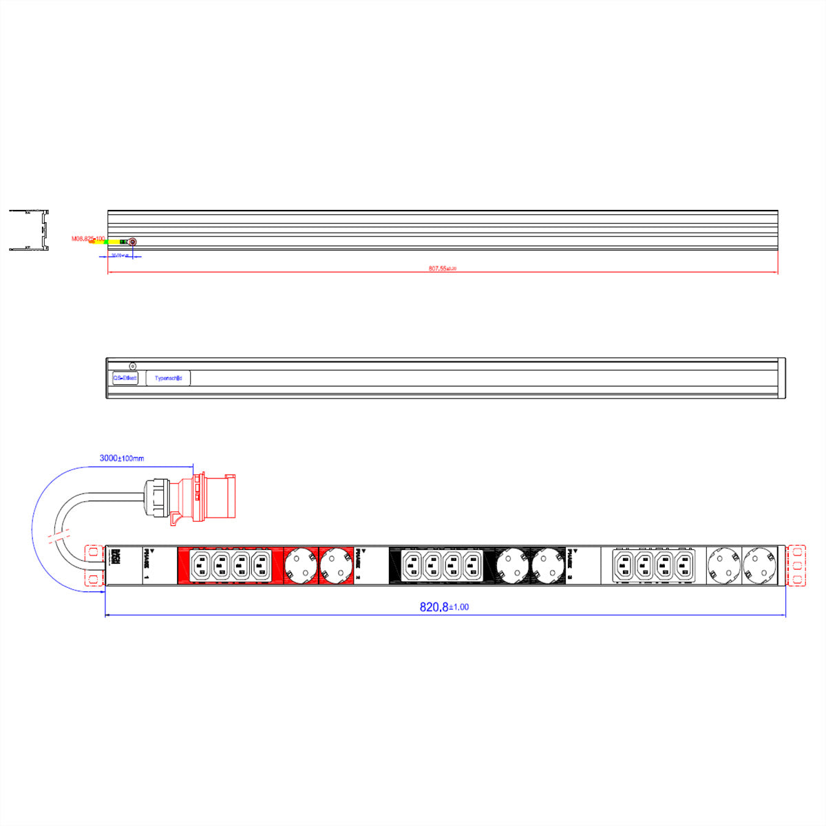 Bachmann Rack-PDU – Standard, 3-phasig, 16 A 400 V, 12×C13 + 6×Schuko (Typ E/F), IEC 60309 (CEE rot) 5-polig, 3 m