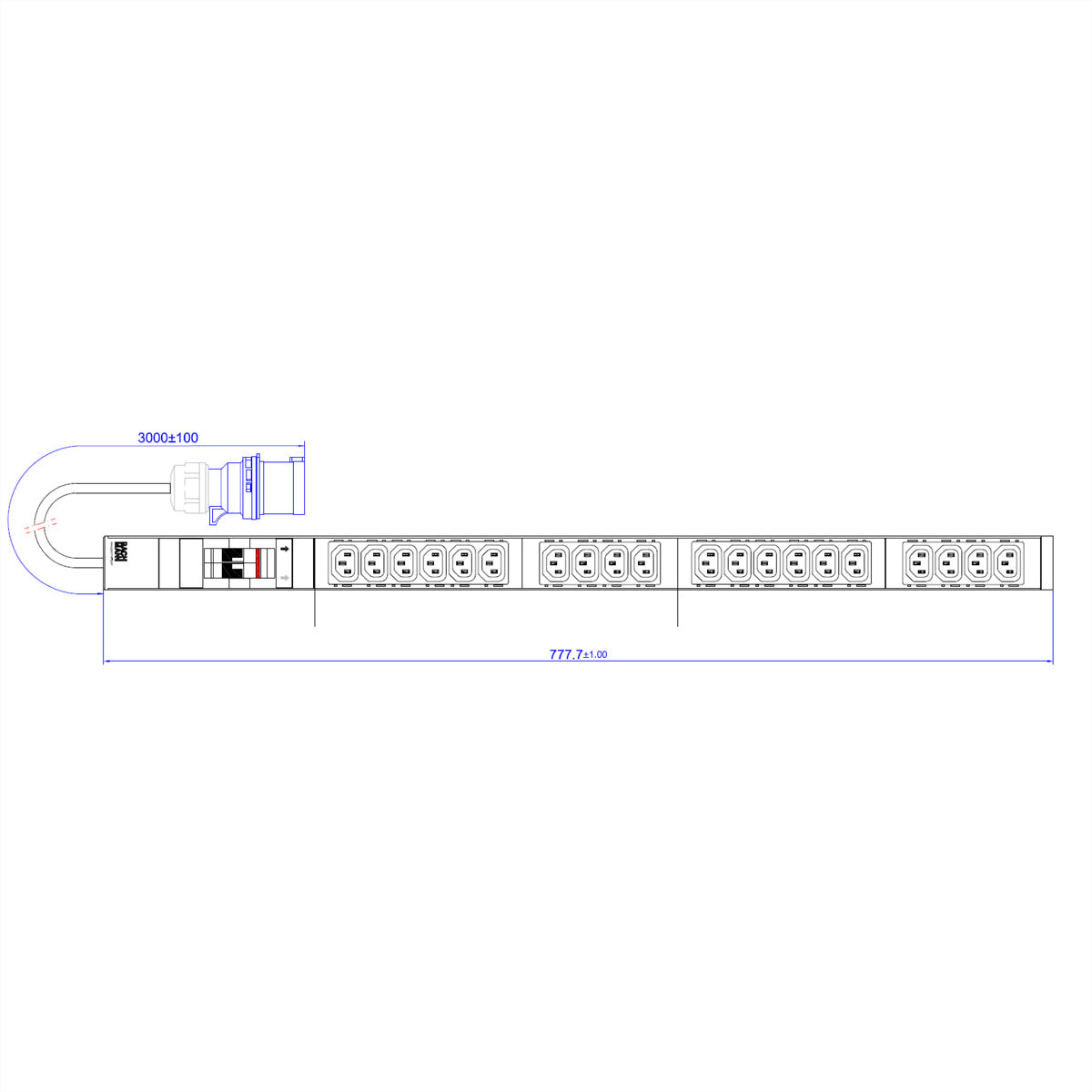 Bachmann Rack-PDU – Standard, 2× Leitungsschutzschalter, 1-phasig, Senkrecht 1U, 32 A 230 V, 20×C13, CEE 32A, 3,0 m