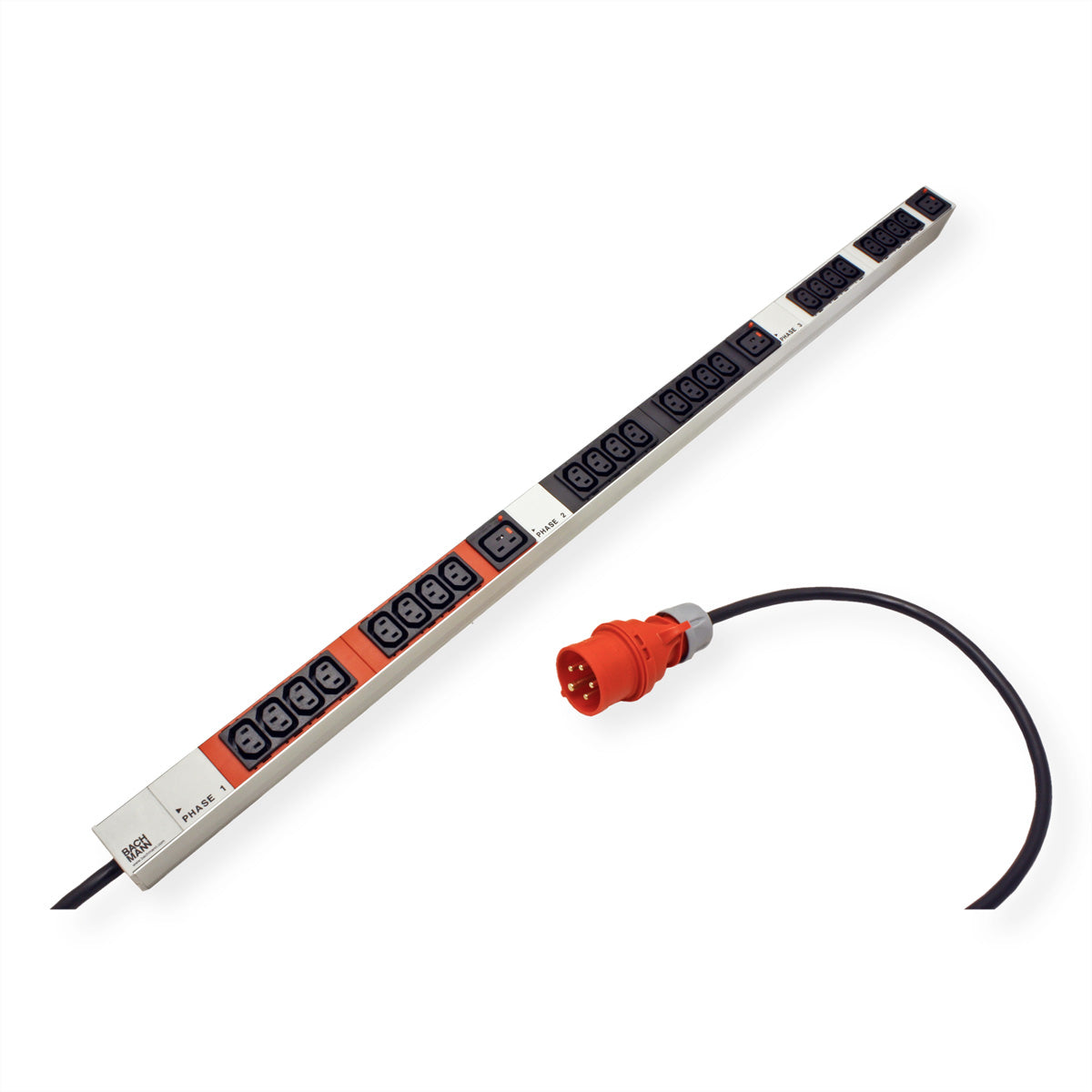Bachmann Vertikale IT PDU C13×24, C19×3 – CEE 3×16A (rot), Aluminium, 1075×44×47 mm