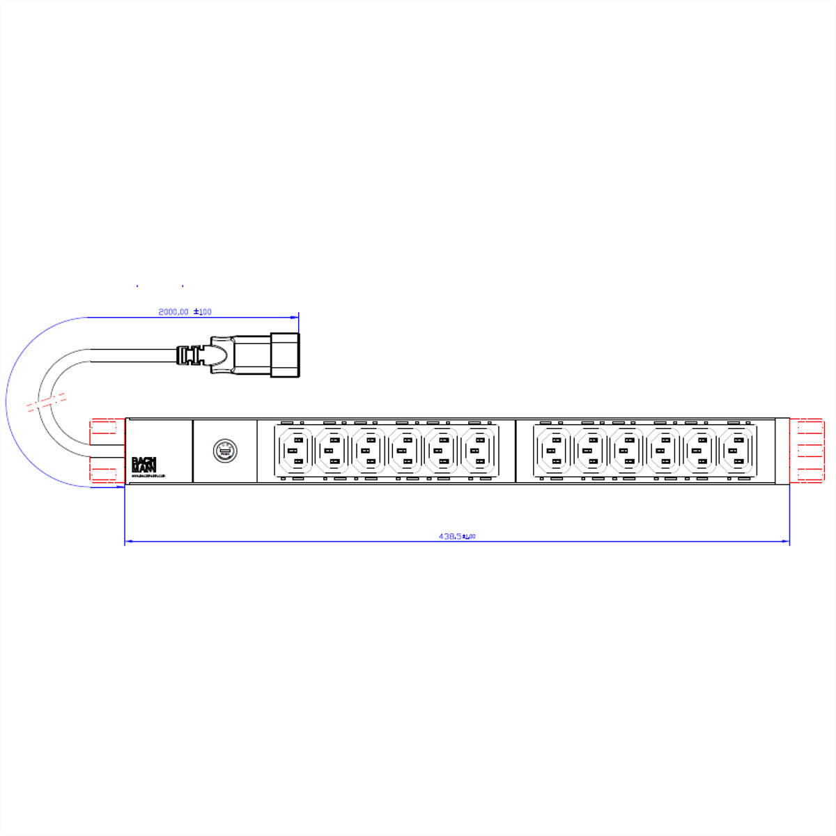 Bachmann Rack-PDU Basic 1U, einphasig 3,7 kW, 12×C13, Eingang C14, 2 m – Aluminium