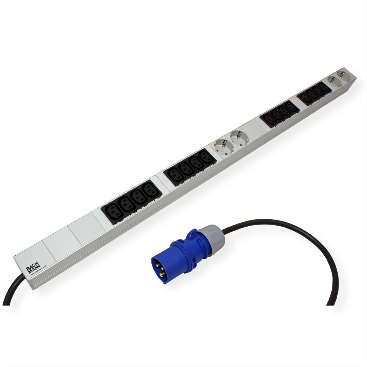 Bachmann IT PDU ALU – Rack-PDU, einphasig, 16× IEC C13 + 4× Schuko (Typ F), 16 A, Stecker IEC 60309 16 A (blau)