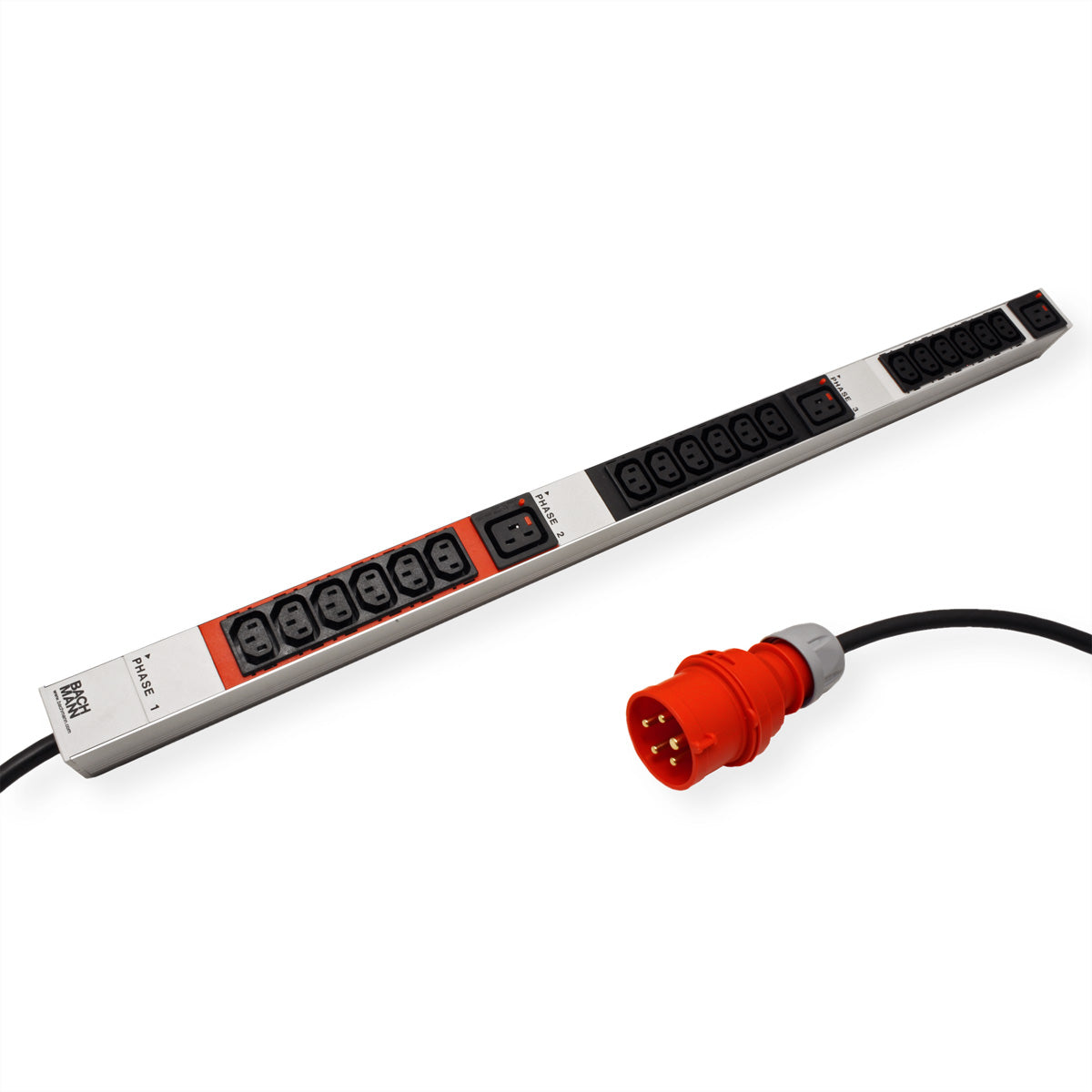 Bachmann Rack-PDU Basic, 3-phasig, 18× IEC C13 + 3× IEC C19, 16 A, Stecker CEE 3L+N+PE, 1U vertikal