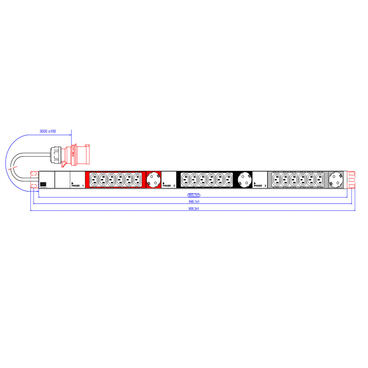 Bachmann IT PDU ALU 1HE – Rack-PDU Basic, 3-phasig, 18× IEC C13 + 3× Schuko (Typ F), 16 A, Stecker CEE 16A