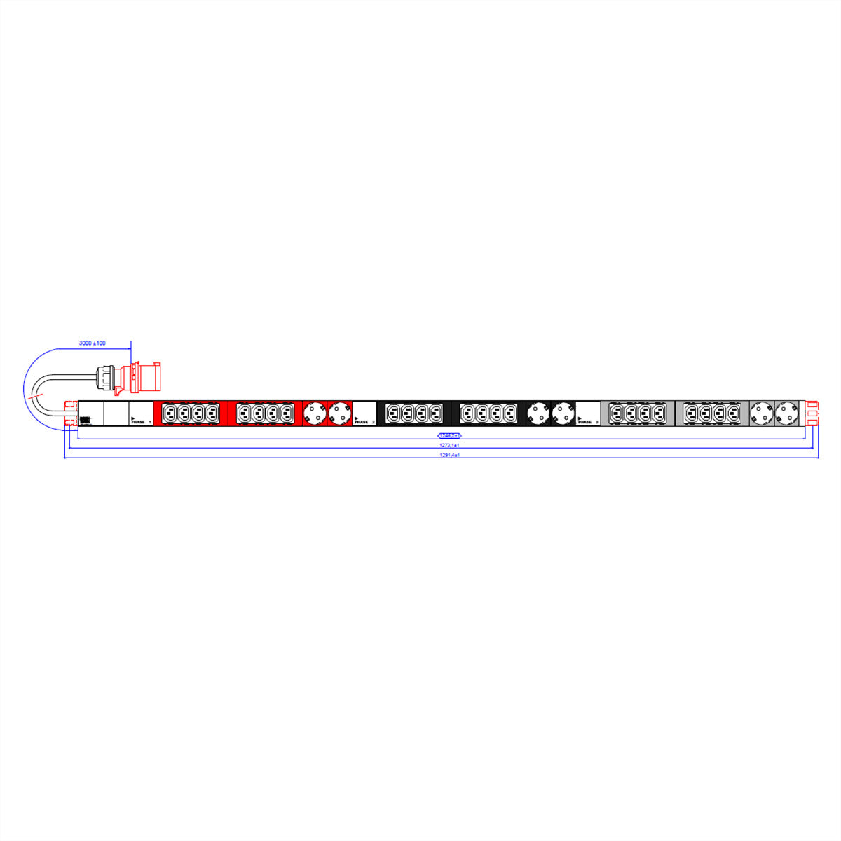 Bachmann Rack-PDU – Standard, 3-phasig, Vertikal 1U, 16 A 400 V, 24×C13 + 6×Schuko, IEC 60309 (3P+N+PE), 3 m