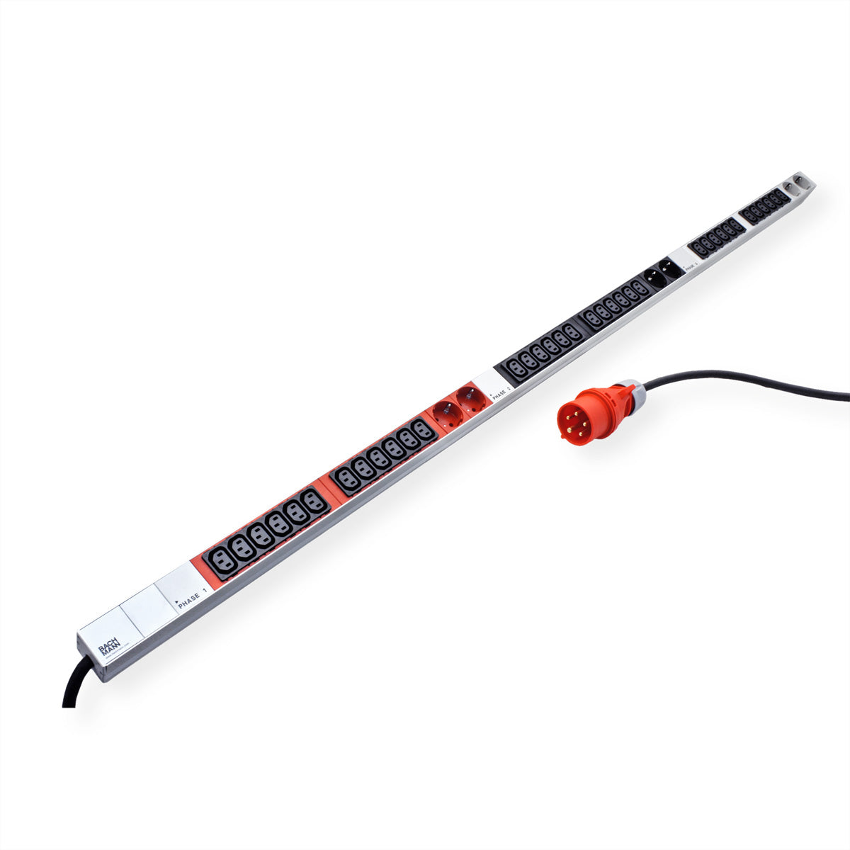 Bachmann Rack-PDU – 1U senkrecht, 36× IEC C13, 6× Schuko (Typ E/F), CEE 32A 3L+N+PE rot, 400 V, 3-phasig, 3 m